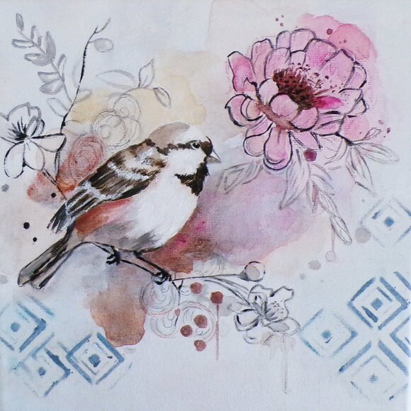 Original Painting Bird on a Branch Abstract Realism Art Wall Decor - Picture 1 of 3